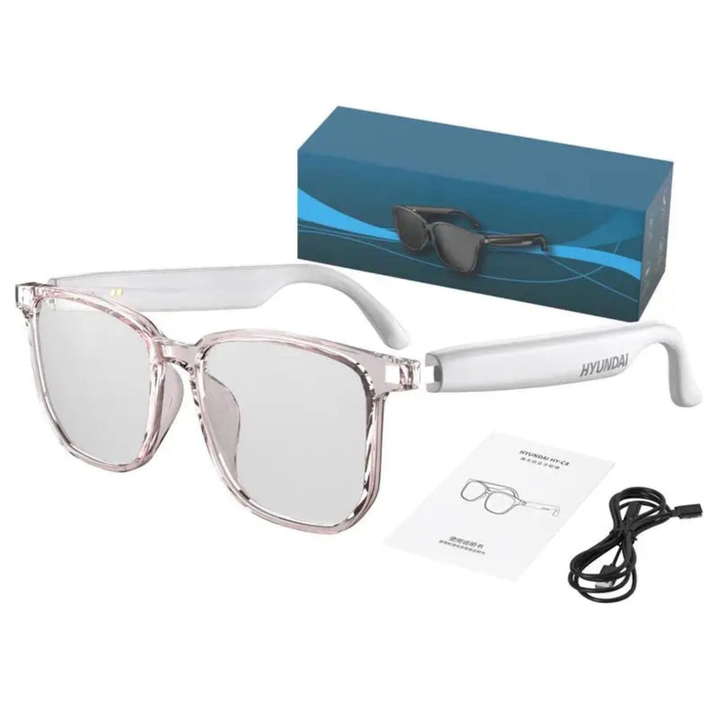 Clear glasses with pink frames, box, and cable on a white background