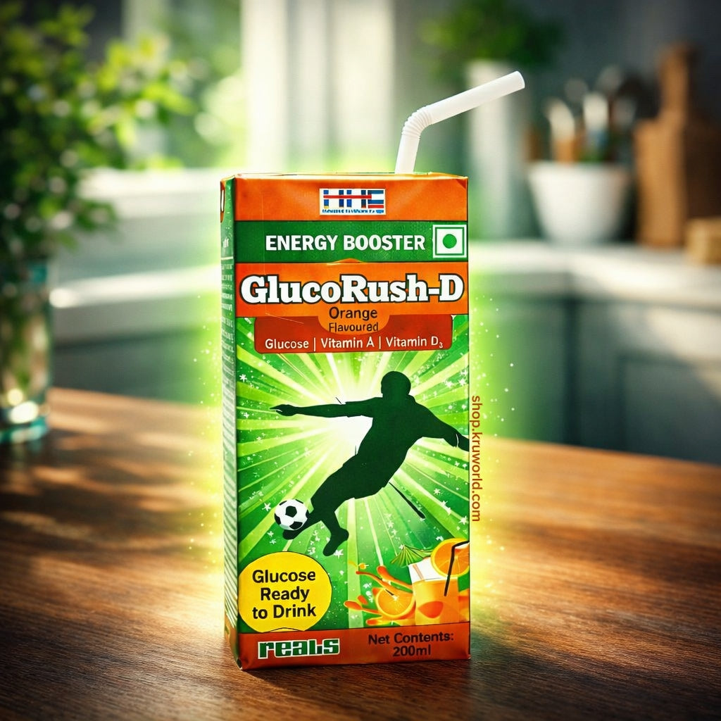 GlucoRush-D energy booster drink box on a wooden table with a kitchen background