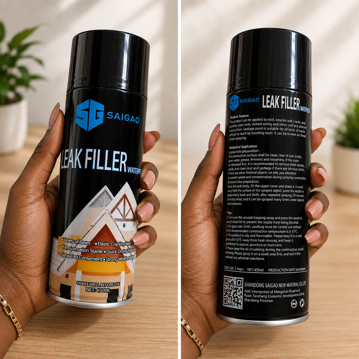 A split-screen view showing a person's hands holding two cans of SAIGAO Leak Filler Water. The left can is shown from the front, displaying a black label with a blue logo and white text.
