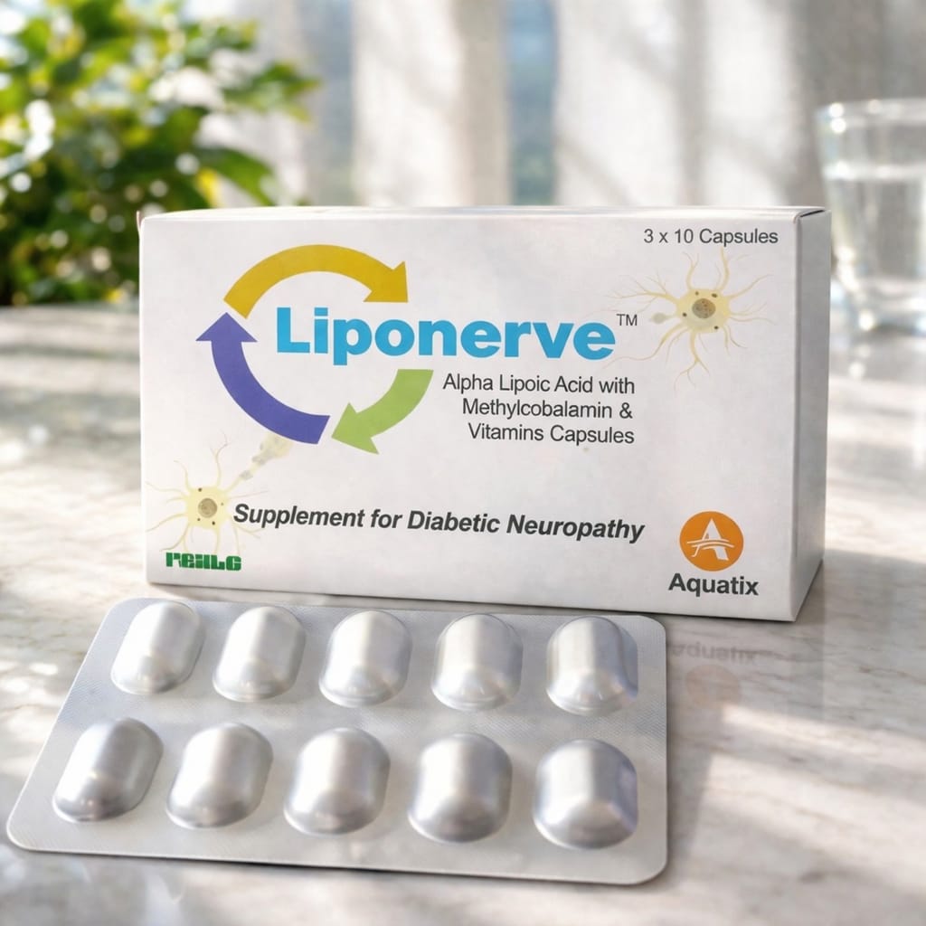 Box of Liponerve supplement for diabetic neuropathy with tablets on a table.