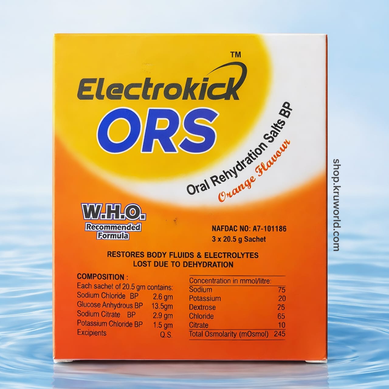 Electrokick ORS Oral Rehydration Salts BP packaging on a blue water background