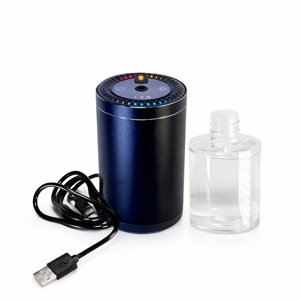 Blue electronic device with USB cable and clear bottle on white background