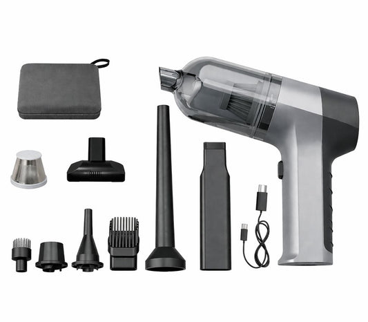 Handheld vacuum cleaner with various attachments on a white background