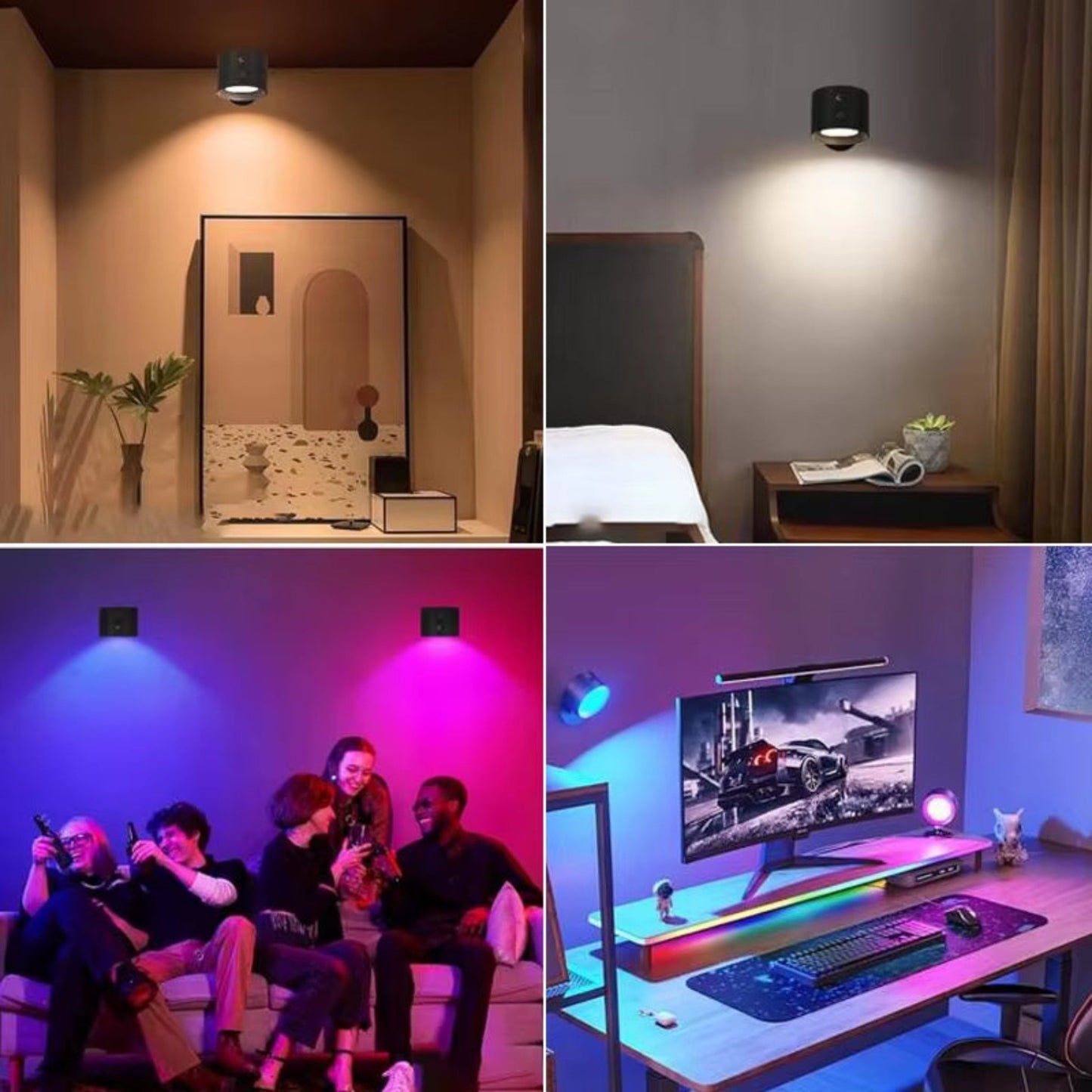 Collage of a room with a ceiling light fixture, people in a living room, and a gaming setup.