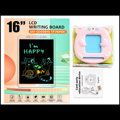16-inch LCD writing board with packaging and accessories on a white background