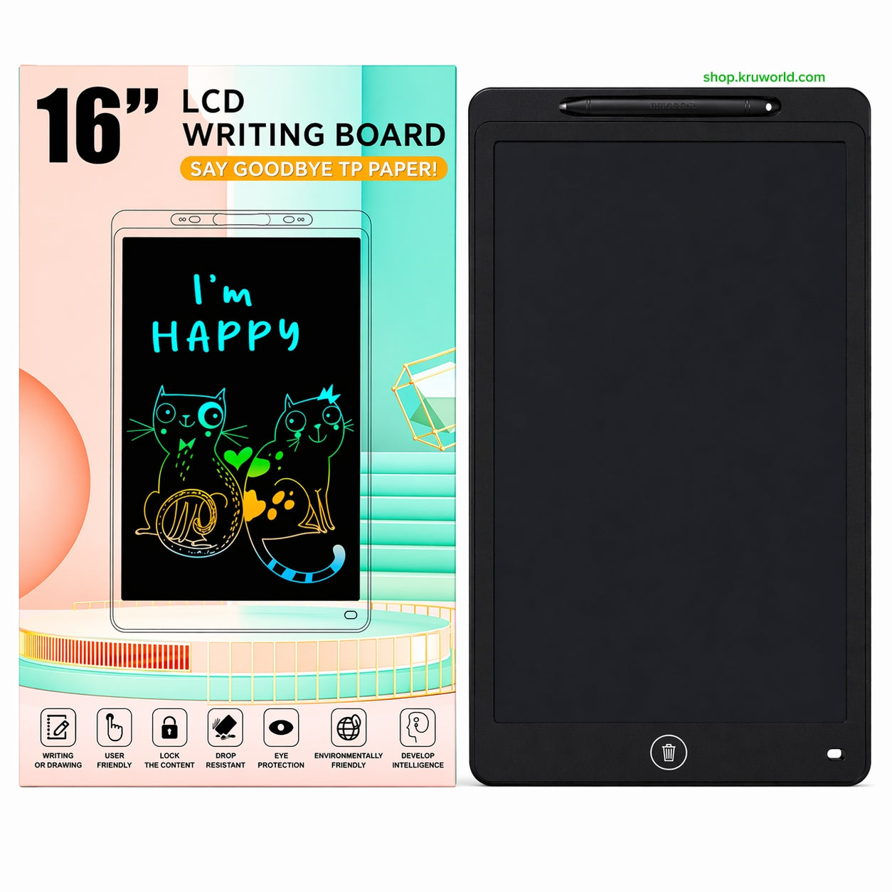 16-inch LCD writing board with packaging on a white background