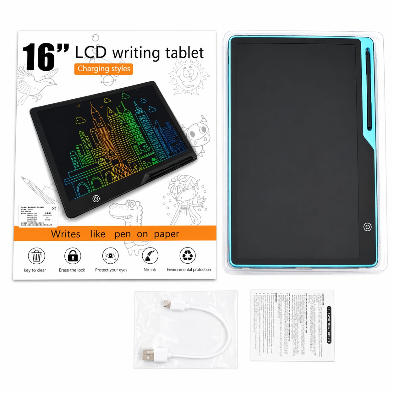 16-inch LCD writing boardwith packaging and accessories on a white background