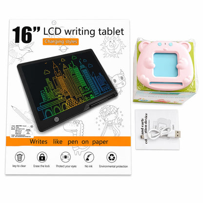 16-inch LCD writing tablet with packaging and accessories on a white background