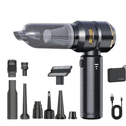 Black handheld vacuum cleaner with various attachments on a white background