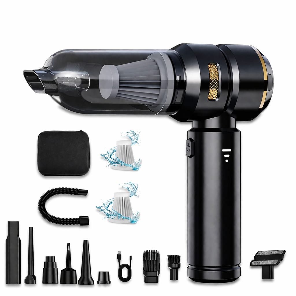 Black handheld vacuum cleaner with attachments on a white background