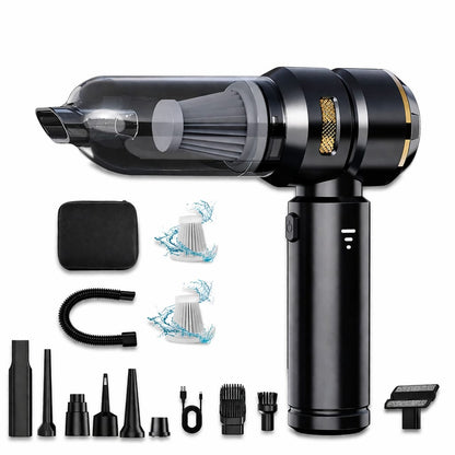 Black handheld vacuum cleaner with attachments on a white background