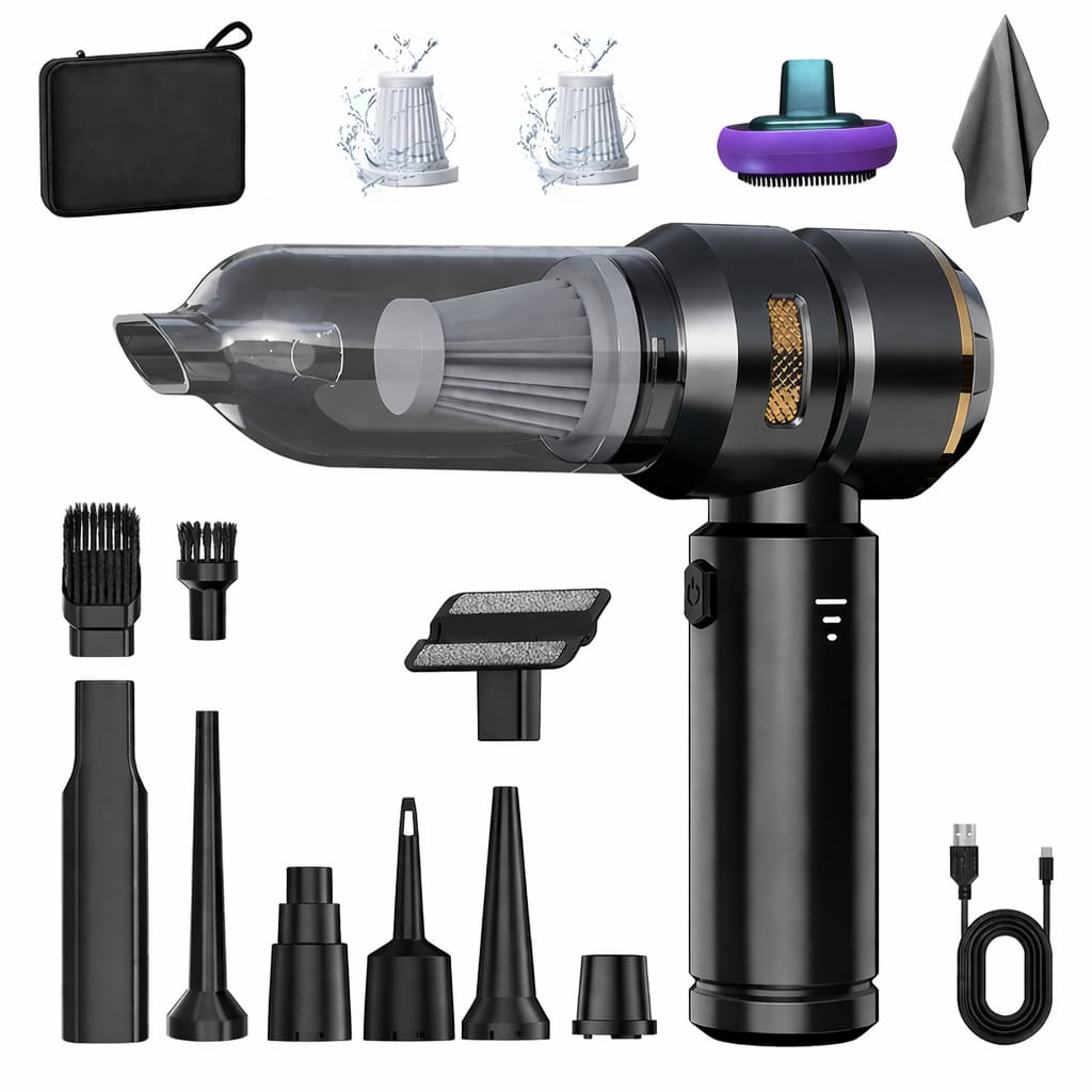 Black handheld vacuum cleaner with various attachments on a white background