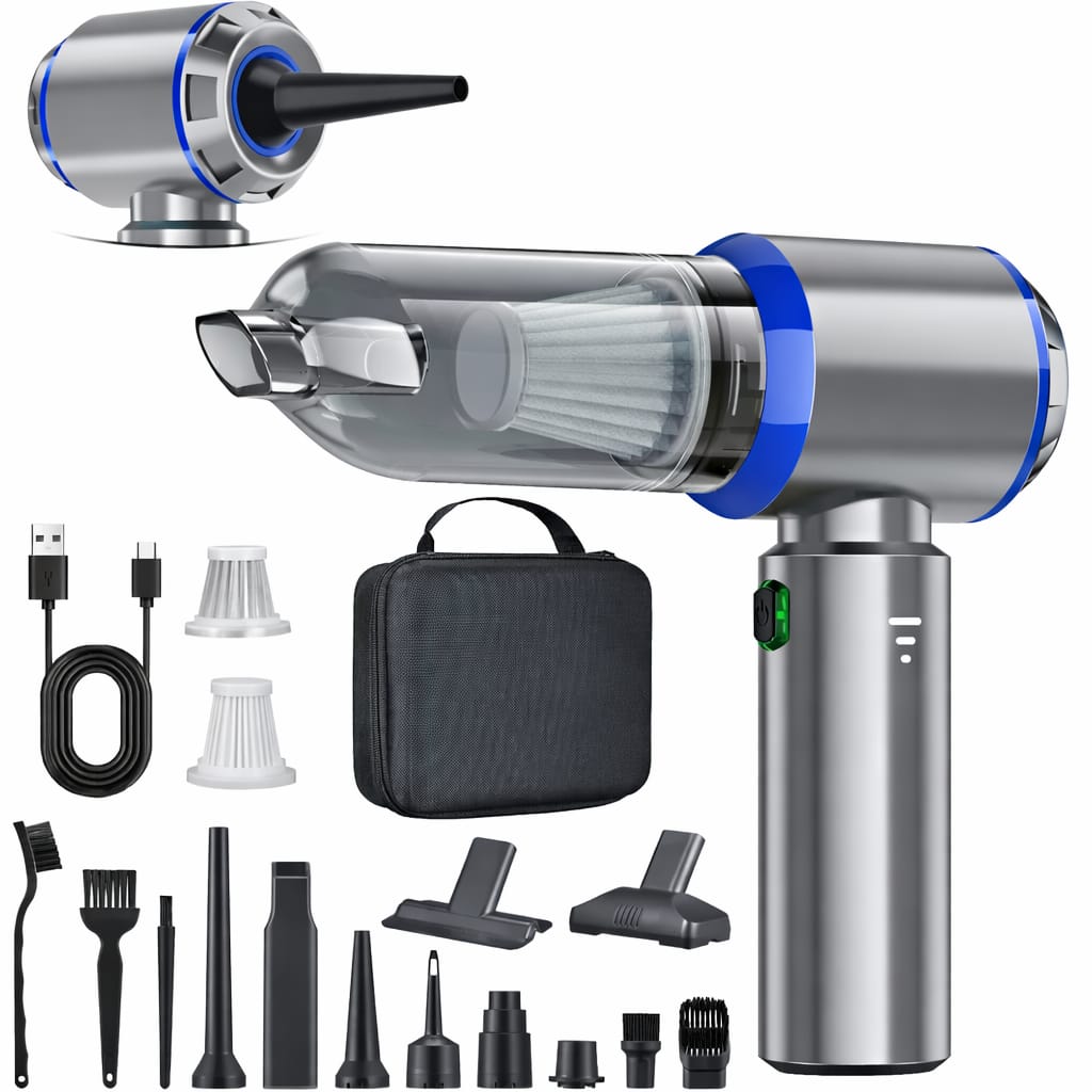Multifunctional vacuum cleaner with various attachments and a carrying case on a white background
