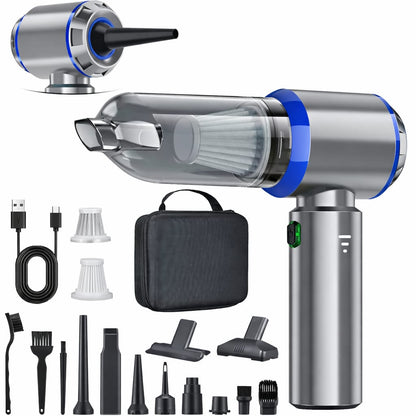 Multifunctional vacuum cleaner with various attachments and a carrying case on a white background