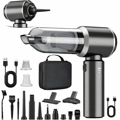 Multifunctional vacuum cleaner with attachments and carrying case on a white background