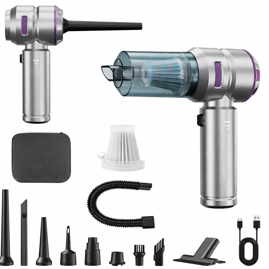 Set of handheld vacuum cleaner with various attachments on a white background
