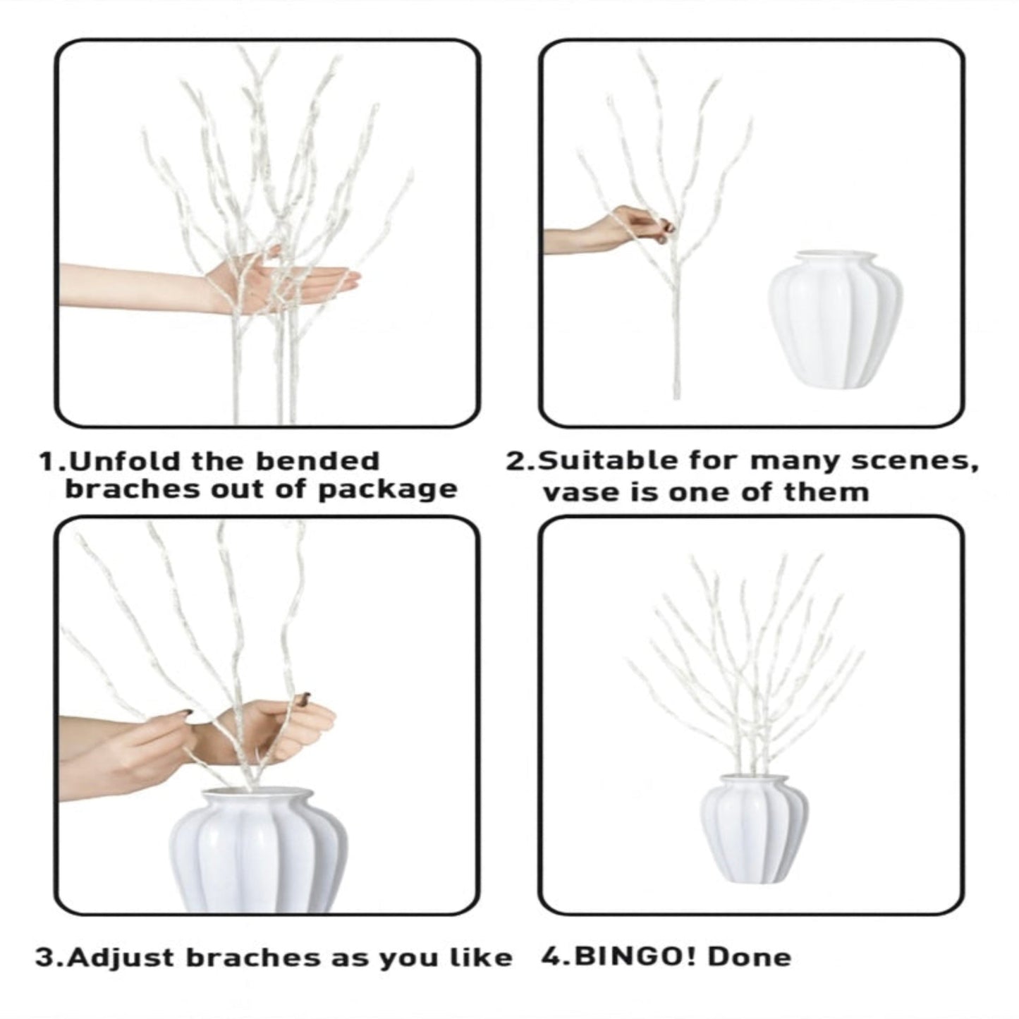 Step-by-step guide on how to unfold and arrange branches in a vase.
