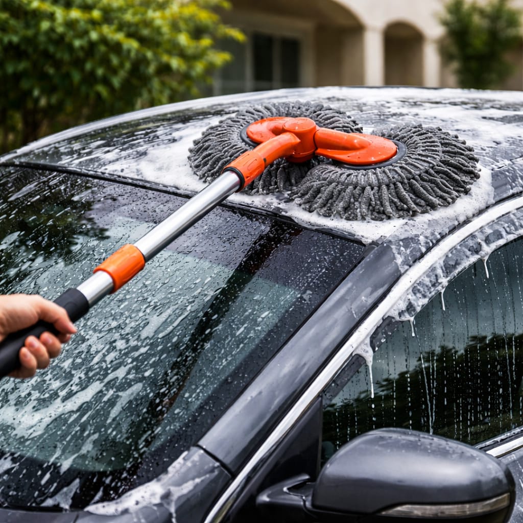 Person cleaning a car with a scrubber on a soapy surface