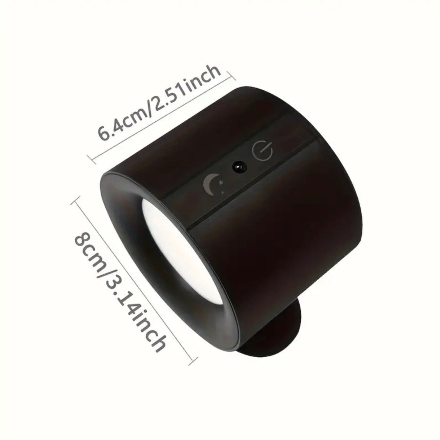 Black cylindrical device with dimensions labeled on a white background