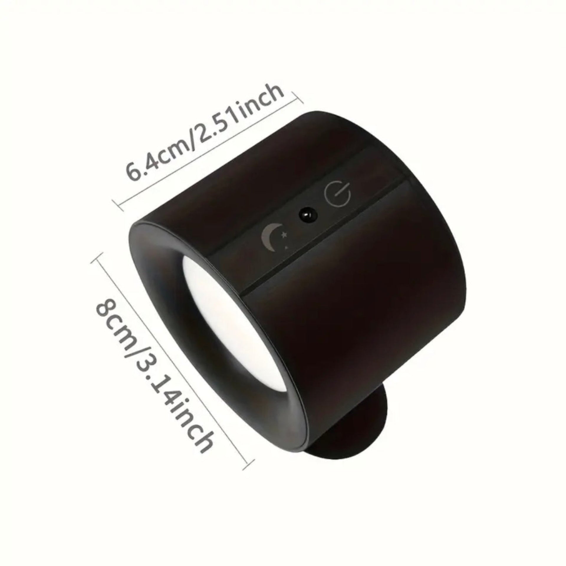 Black cylindrical device with dimensions labeled on a white background