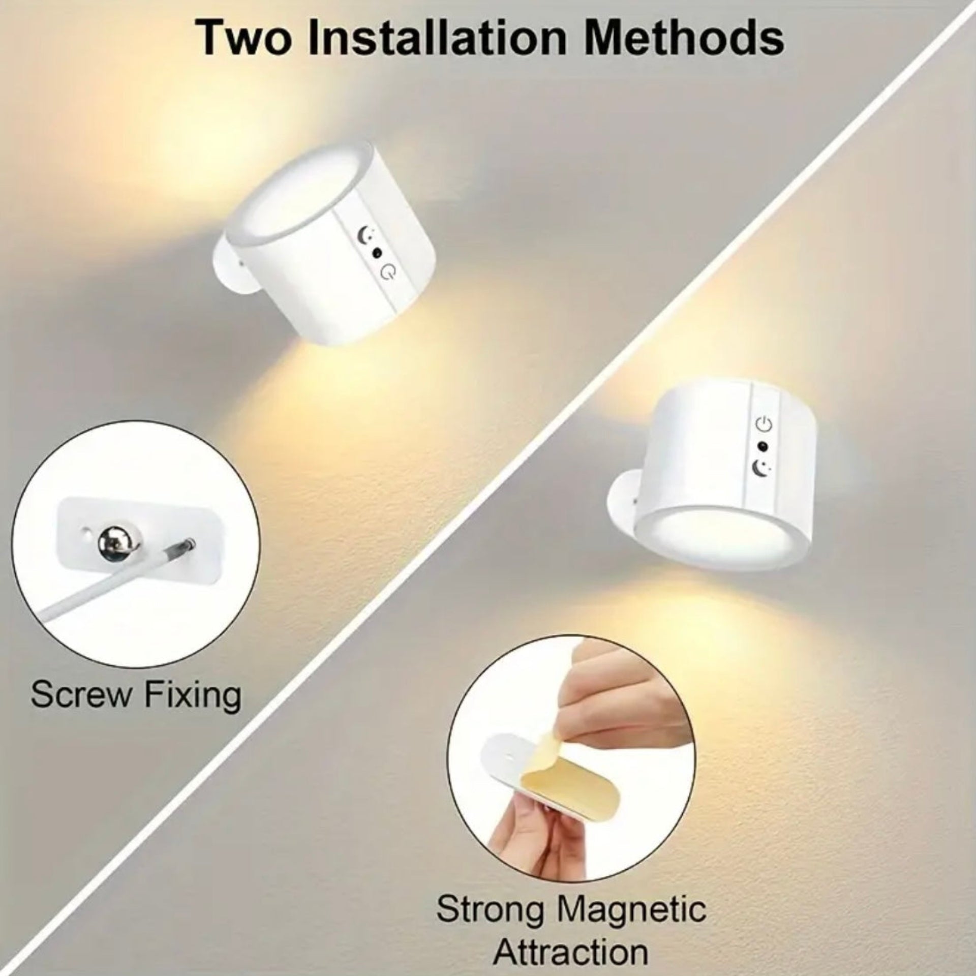 Two installation methods of a white light fixture on a gray background.