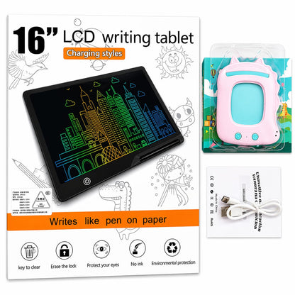 16-inch LCD writing tablet with packaging and accessories on a white background