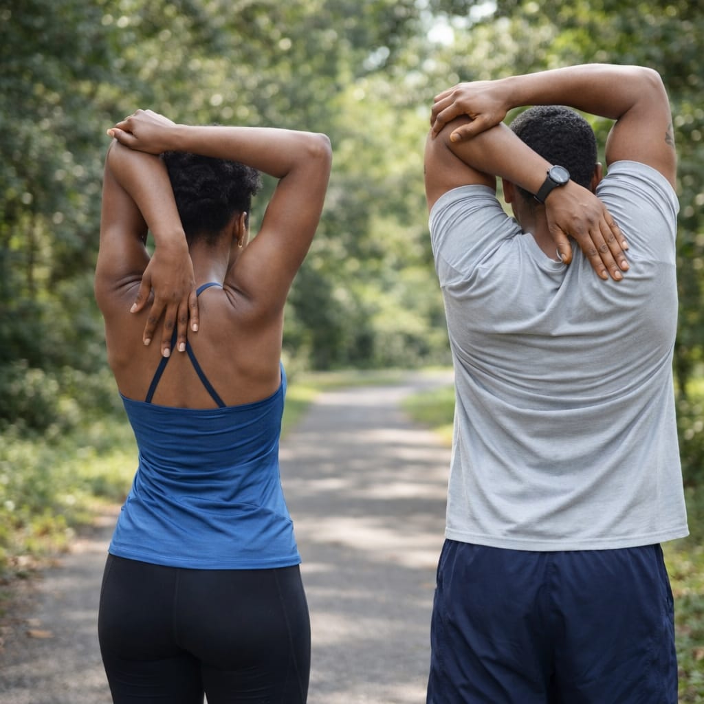 Two people stretching outdoors on a path with trees in the background