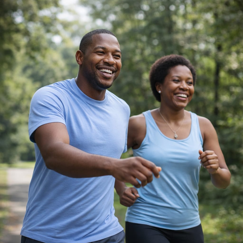 Man and woman in matching blue shirts jogging outdoors with trees in the background