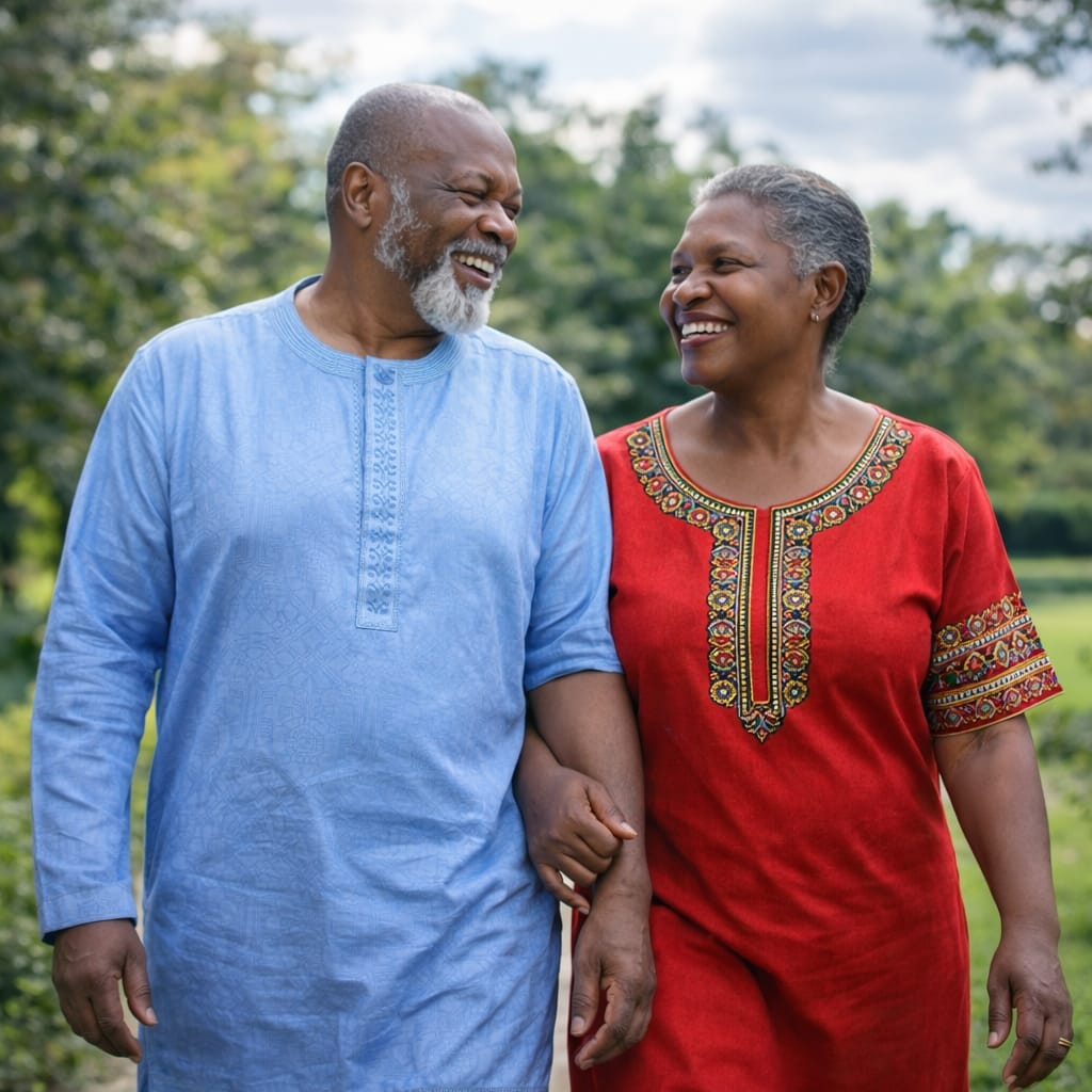 A couple walking together outdoors with a green background