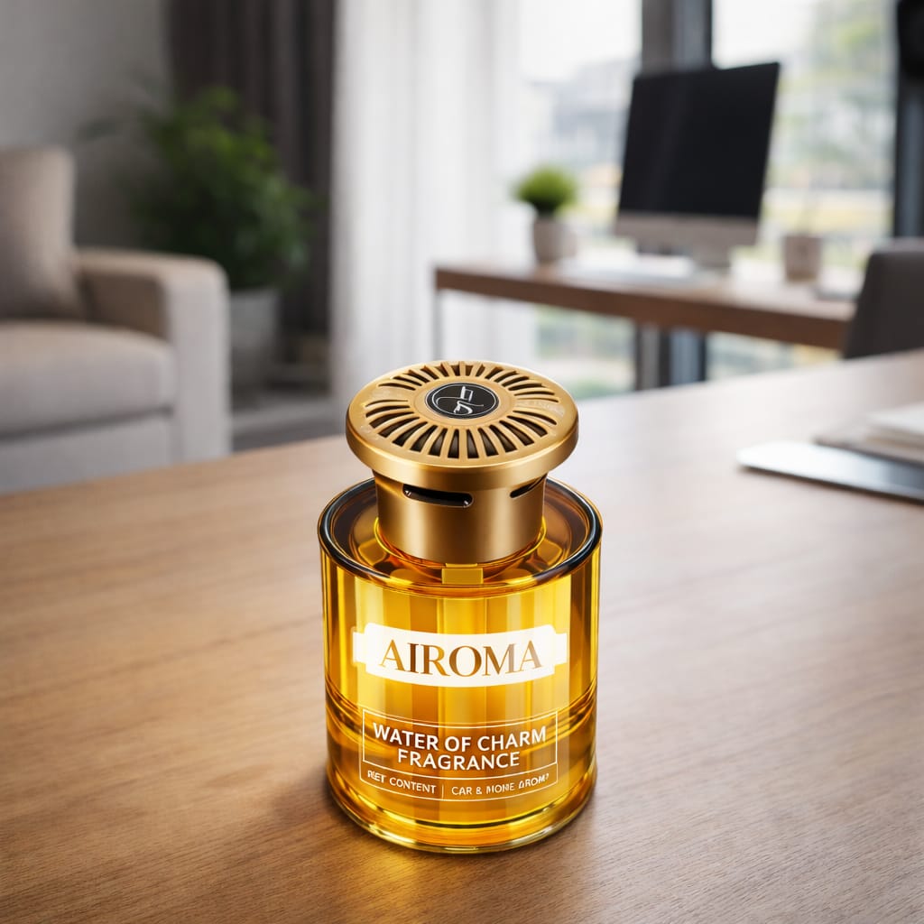 AIROMA fragrance bottle on a wooden table with a blurred office background