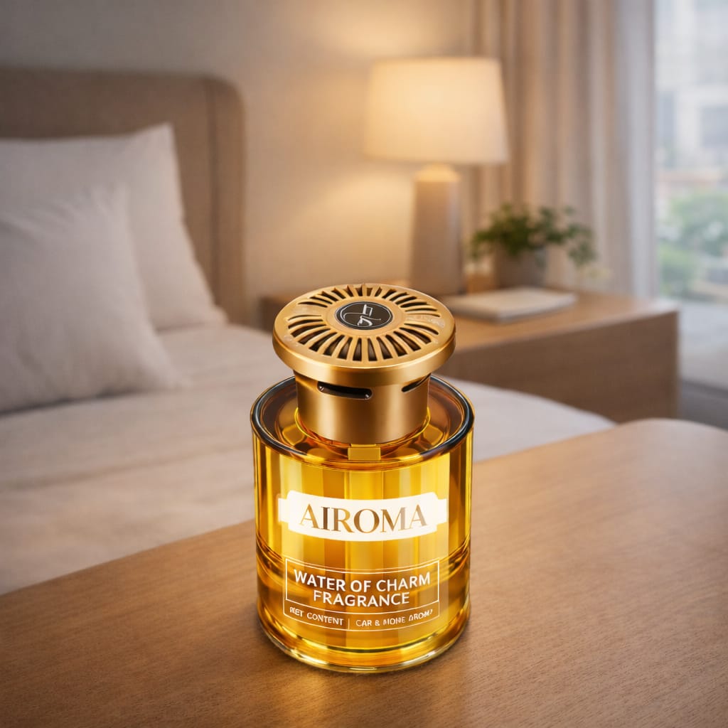AIROMA fragrance bottle on a nightstand in a bedroom setting