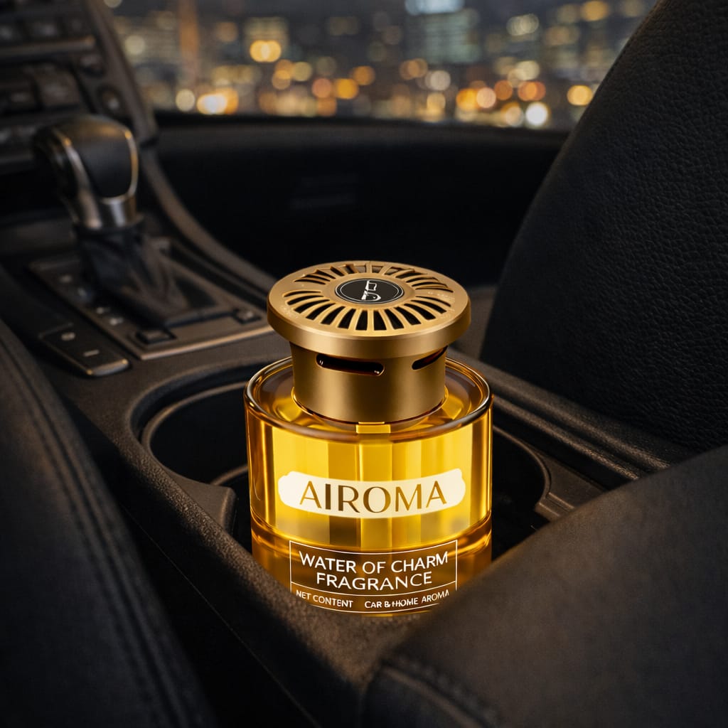 AIROMA car air freshener in a car's cup holder with a cityscape in the background
