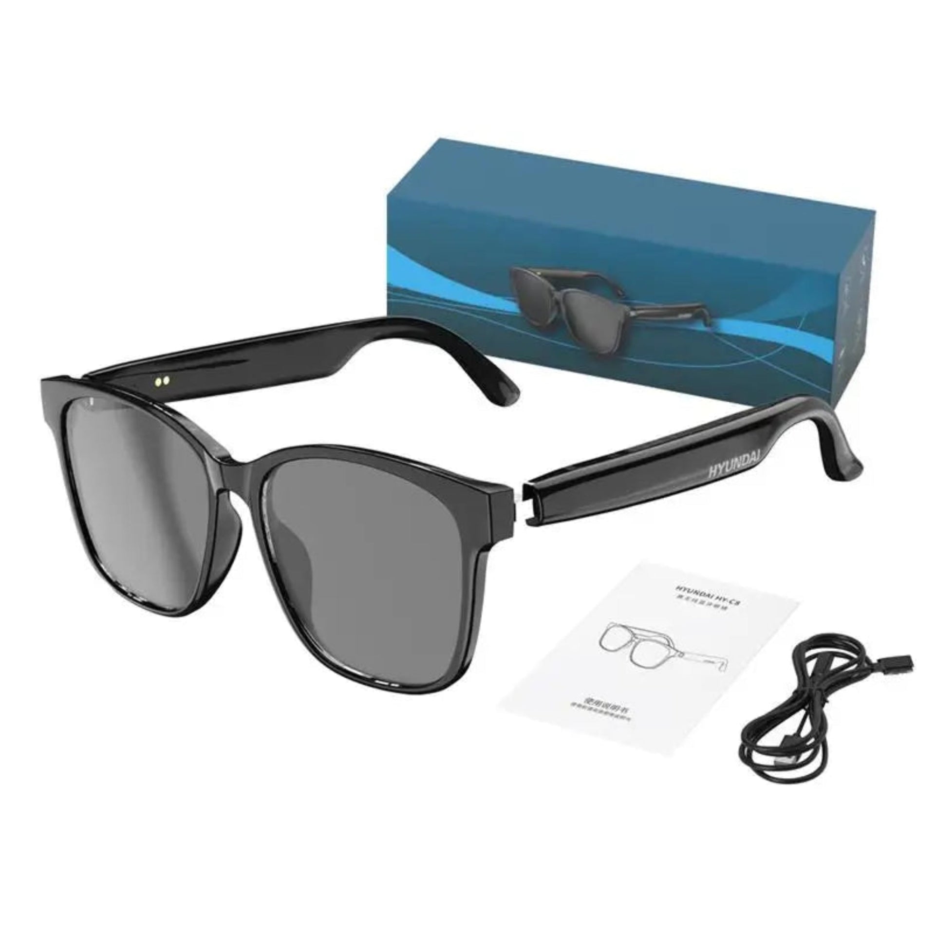Black sunglasses with a blue box, cleaning cloth, and instruction sheet on a white background