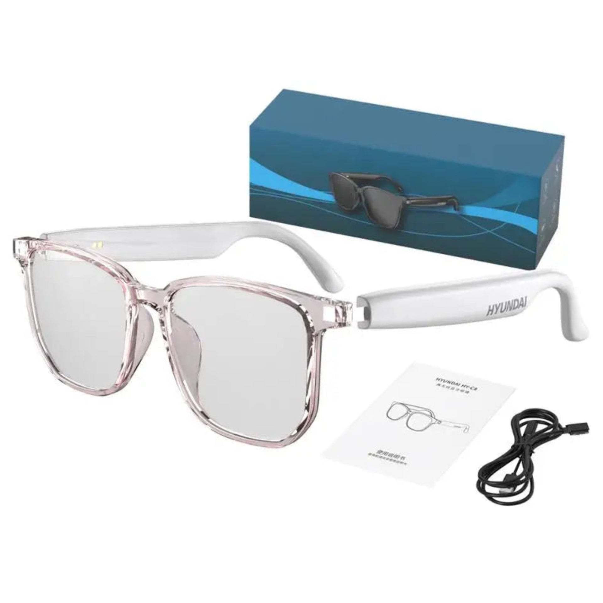 Clear glasses with pink frames, box, and cable on a white background