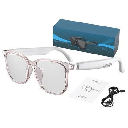 Clear glasses with pink frames, box, and cable on a white background