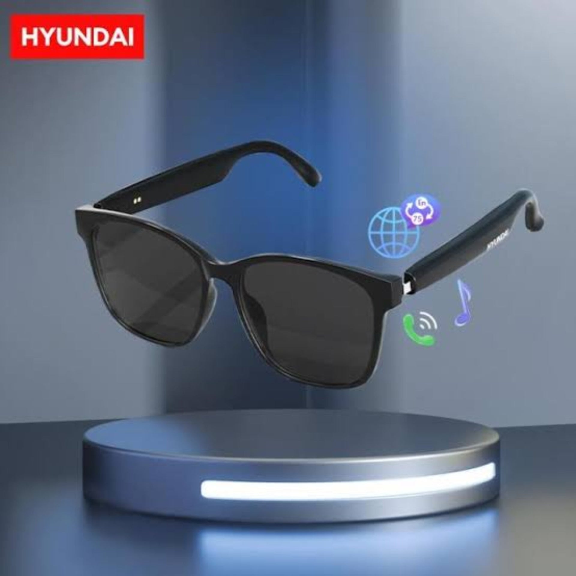 Sunglasses with HYUNDAI branding on a dark background