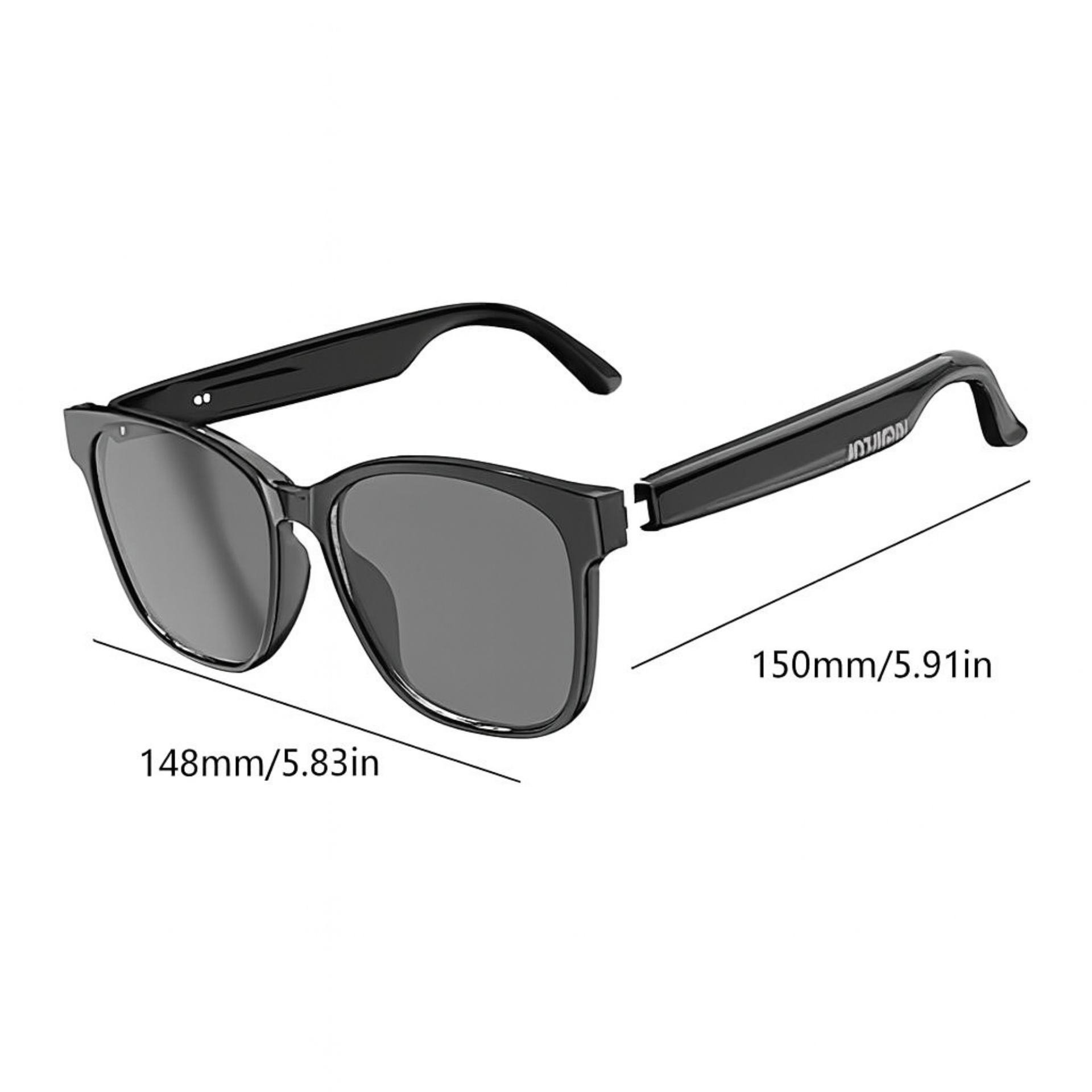 Black sunglasses with measurements on a white background