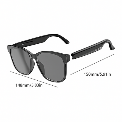 Black sunglasses with measurements on a white background