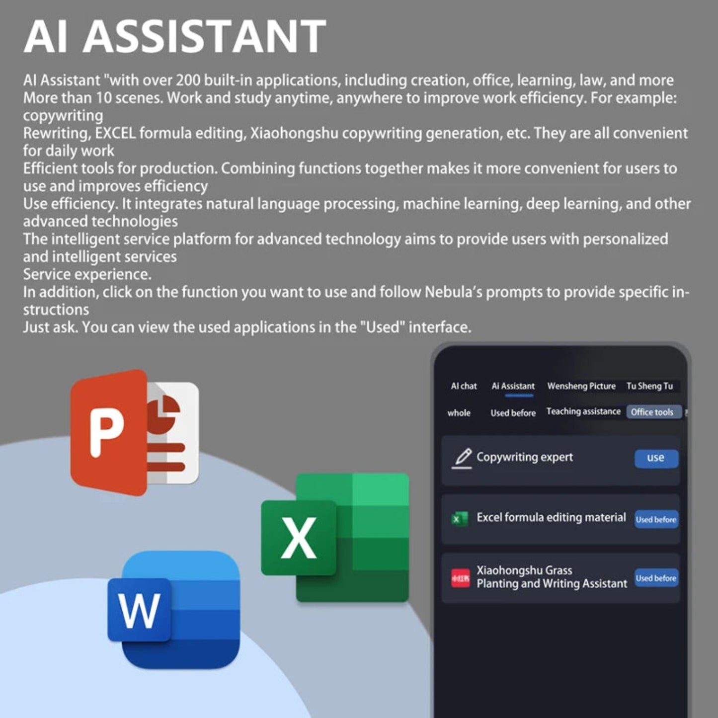 AI assistant software with icons for Microsoft Office applications on a gray background