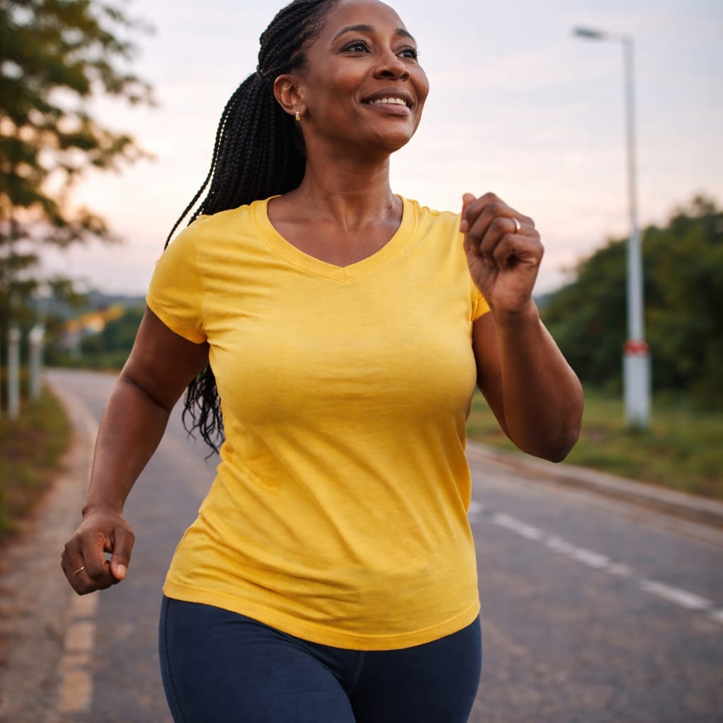 Woman in a yellow shirt running on a road with trees and streetlights in the background
