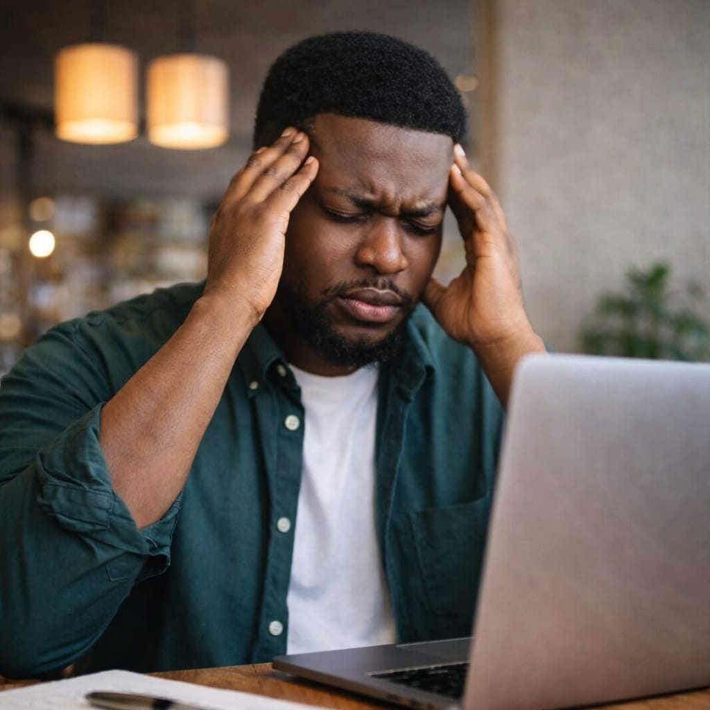 Man with a headache sitting in front of a laptop in a dimly lit room.