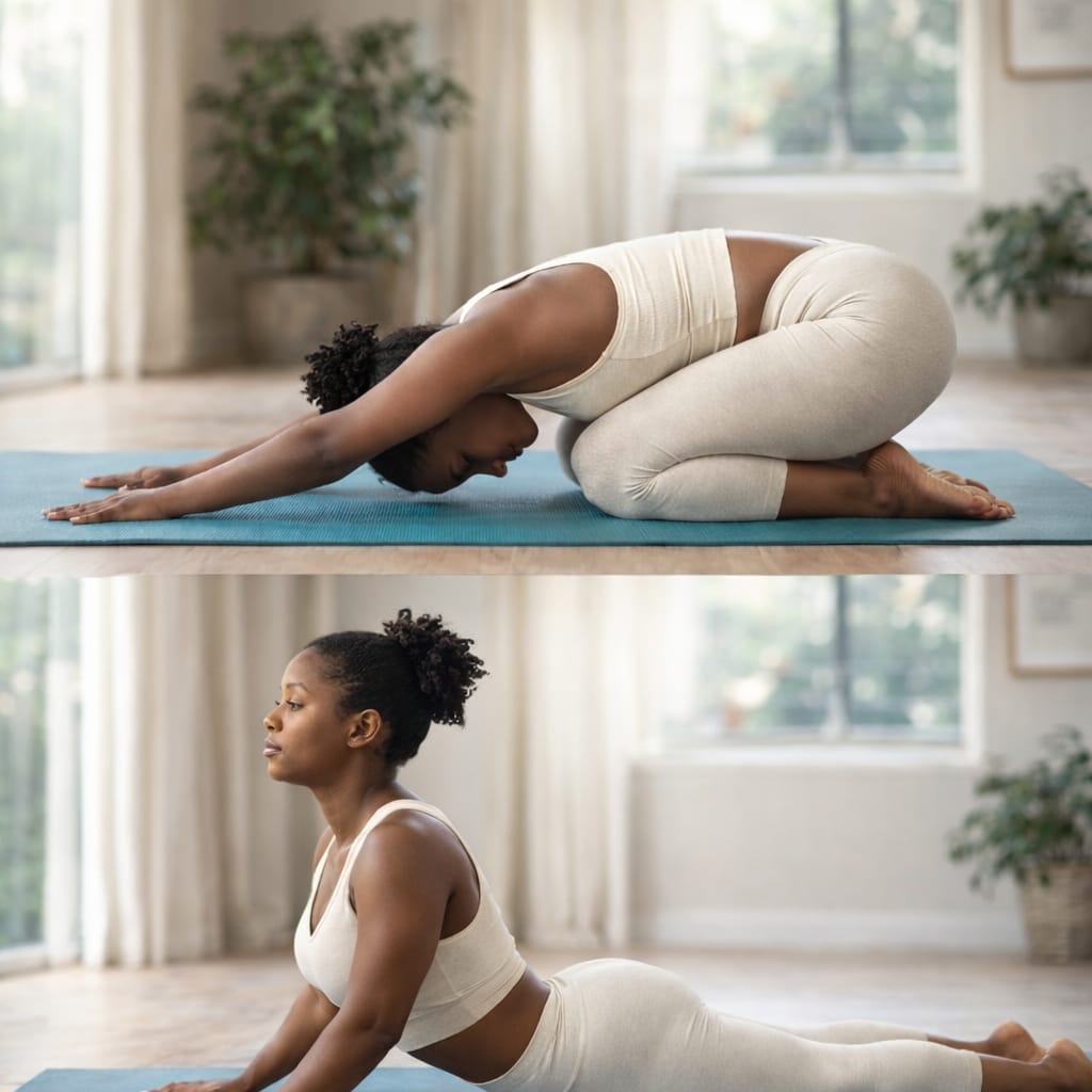 Woman practicing yoga in a bright, modern room with large windows and plants.