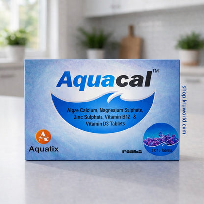 Box of Aquacal tablets on a kitchen counter with blurred background