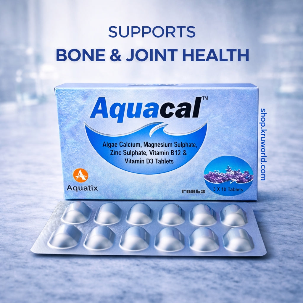 Aquacal supplement packaging with tablets on a blue gradient background