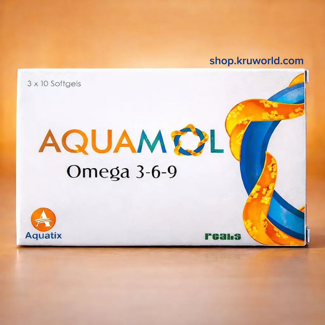 Box of Aquamol Omega 3-6-9 supplement on a gradient background