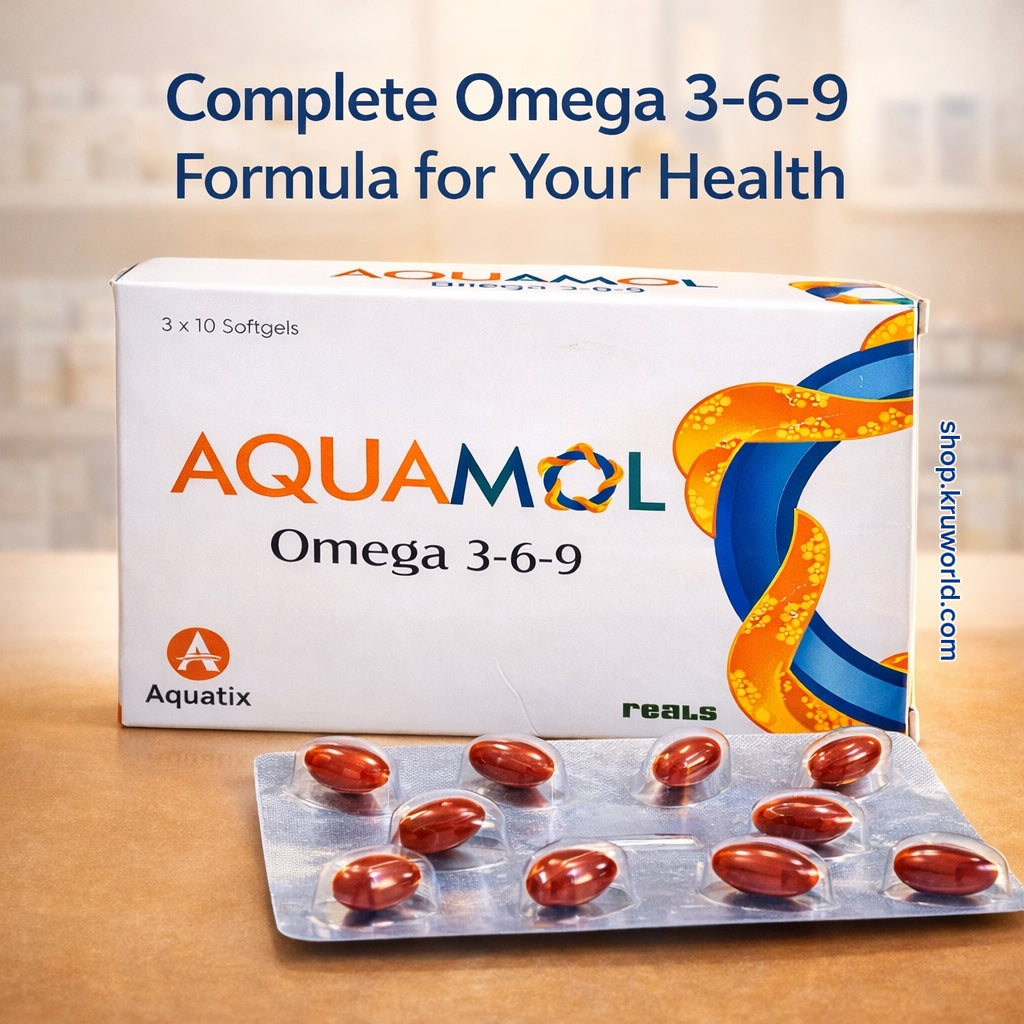 Aquamol Omega 3-6-9 supplement packaging on a wooden surface