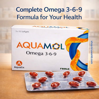 Aquamol Omega 3-6-9 supplement packaging on a wooden surface