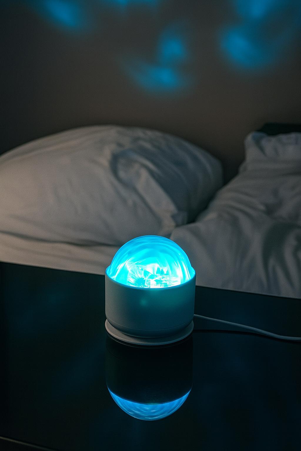 A blue night light from an aurora projector lamp on a dark surface with a bed in the background