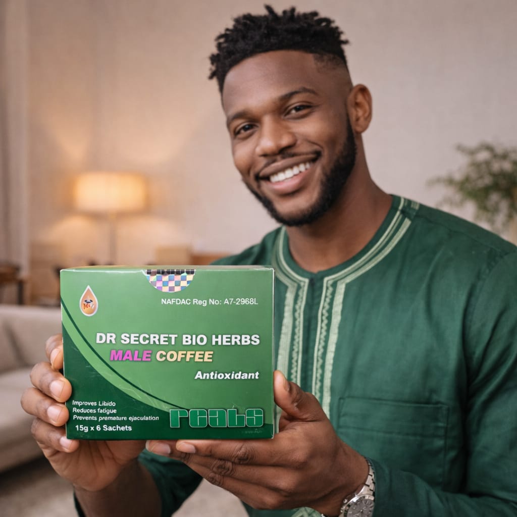 Man holding a box of 'Dr. Secret Bio Herbs Male Coffee' in a living room setting.