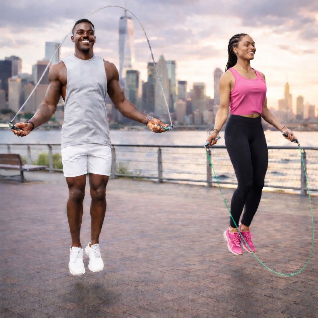 Two people jumping rope with a city skyline in the background